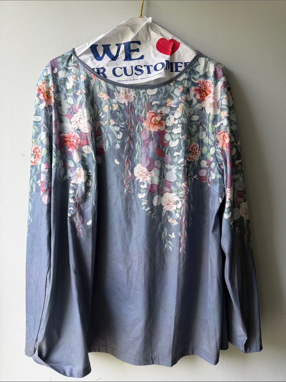 Floral Watercolor Long Sleeve Top - Gray with Pink & Green Blooms
